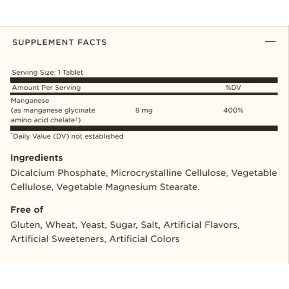 Solgar, Chelated Manganese, 100 Tablets, 100 Servings Nutrition facts — Nutrition Facts panel / جدول القيم الغذائية