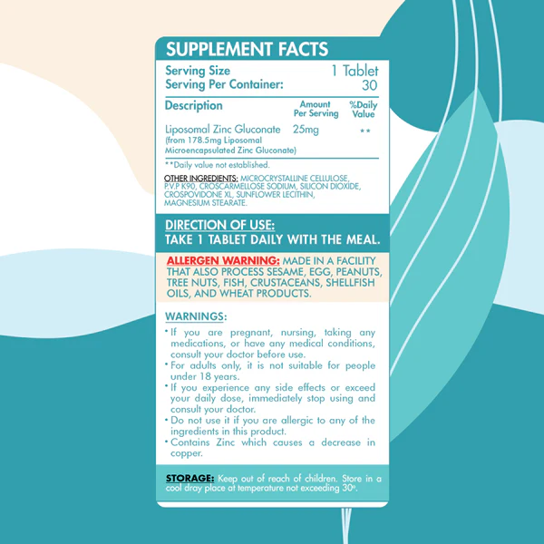 Organic Nation, Liposomal Zinc Gluconate, 30 Tablets, 30 Servings nutrition facts — Nutrition Facts panel / جدول القيم الغذائية