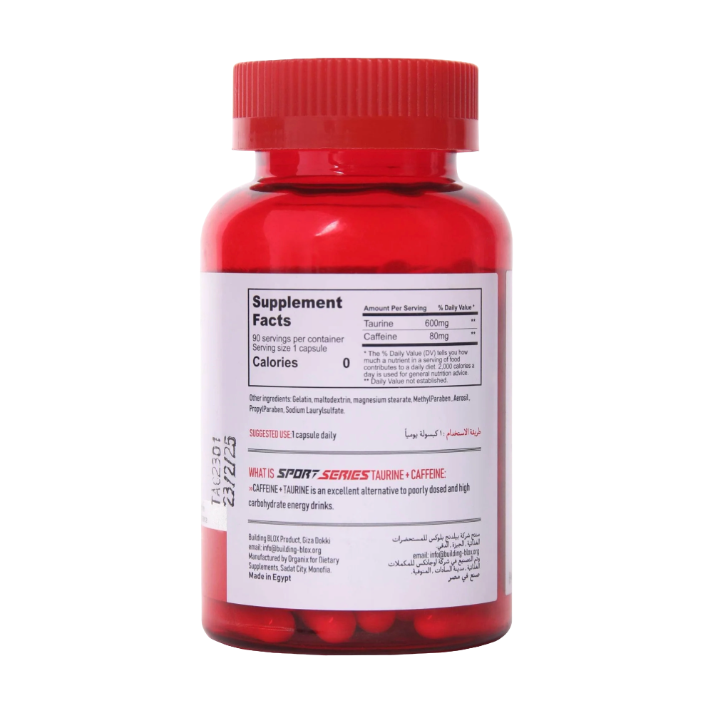Buliding Blox, Sport Series, Taurine + Caffeine, 600 mg-80 mg, 90 Capsules, 90 Servings — Back label view / الوجه الخلفي