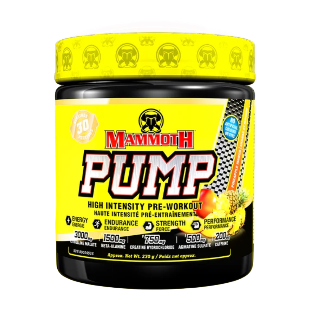 Mammoth Pump Pre-Workout tub with fruit background