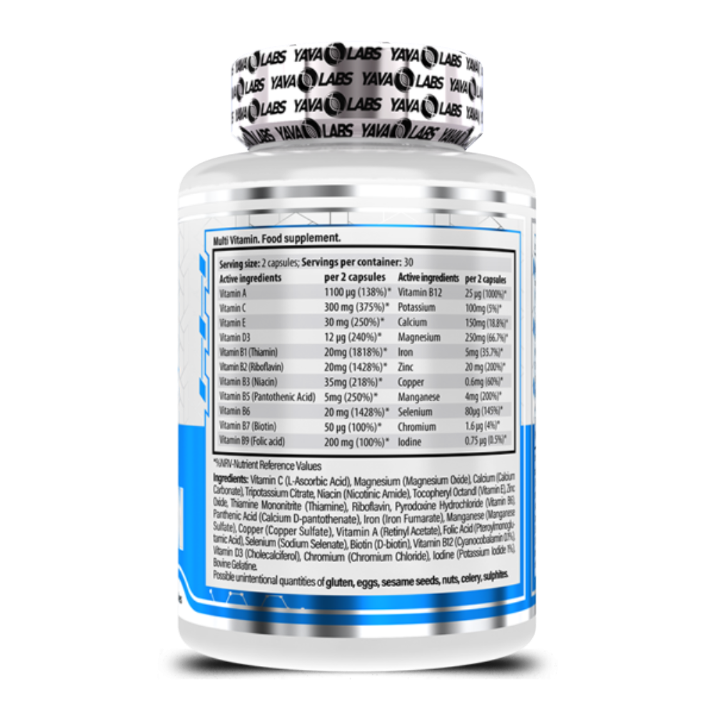 Yava Labs, Multivitamin, 60 Capsules, 30 Servings — Back panel / الوجه الخلفي بالمكونات