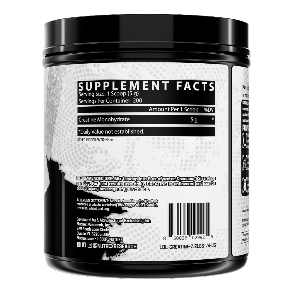Nutrex Research, Creatine Monohydrate, Unflavored, 1000g, 200 Serving — Back label / ملصق التغذية